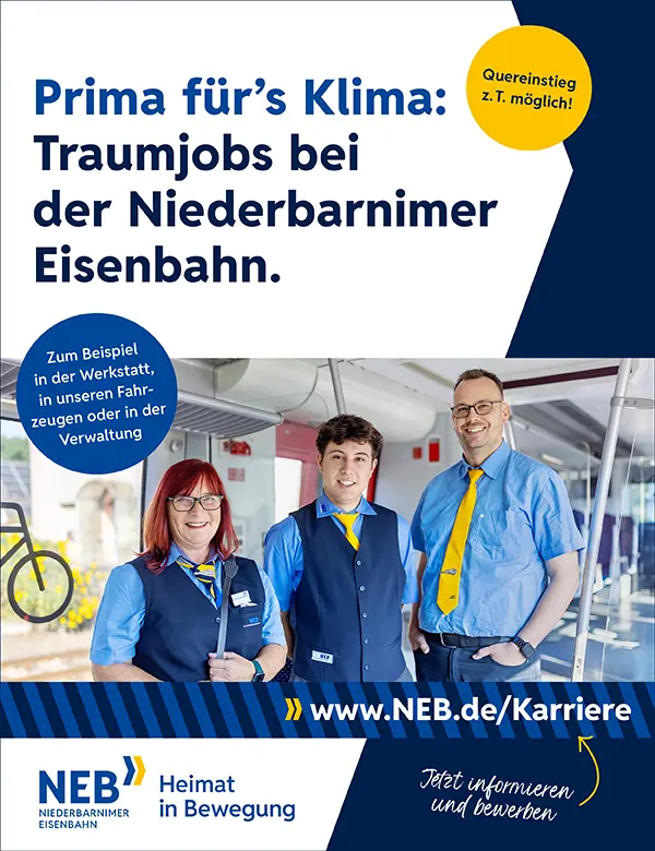 Prima für's Klima: Traumjobs bei der NEB. Zum Beispiel in der Werkstatt, in unseren Fahrzeugen oder in der Verwaltung. Quereinsteig z. T. möglich! Jetzt informieren und bewerben: www.neb.de/karriere - NEB Niederbarnimer Eisenbahn - Heimat in Bewegung