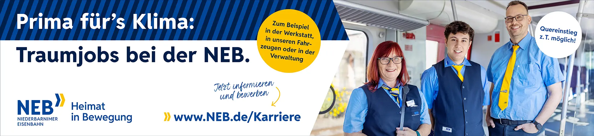 Prima für's Klima: Traumjobs bei der NEB. Zum Beispiel in der Werkstatt, in unseren Fahrzeugen oder in der Verwaltung. Quereinsteig z. T. möglich! Jetzt informieren und bewerben: www.neb.de/karriere - NEB Niederbarnimer Eisenbahn - Heimat in Bewegung